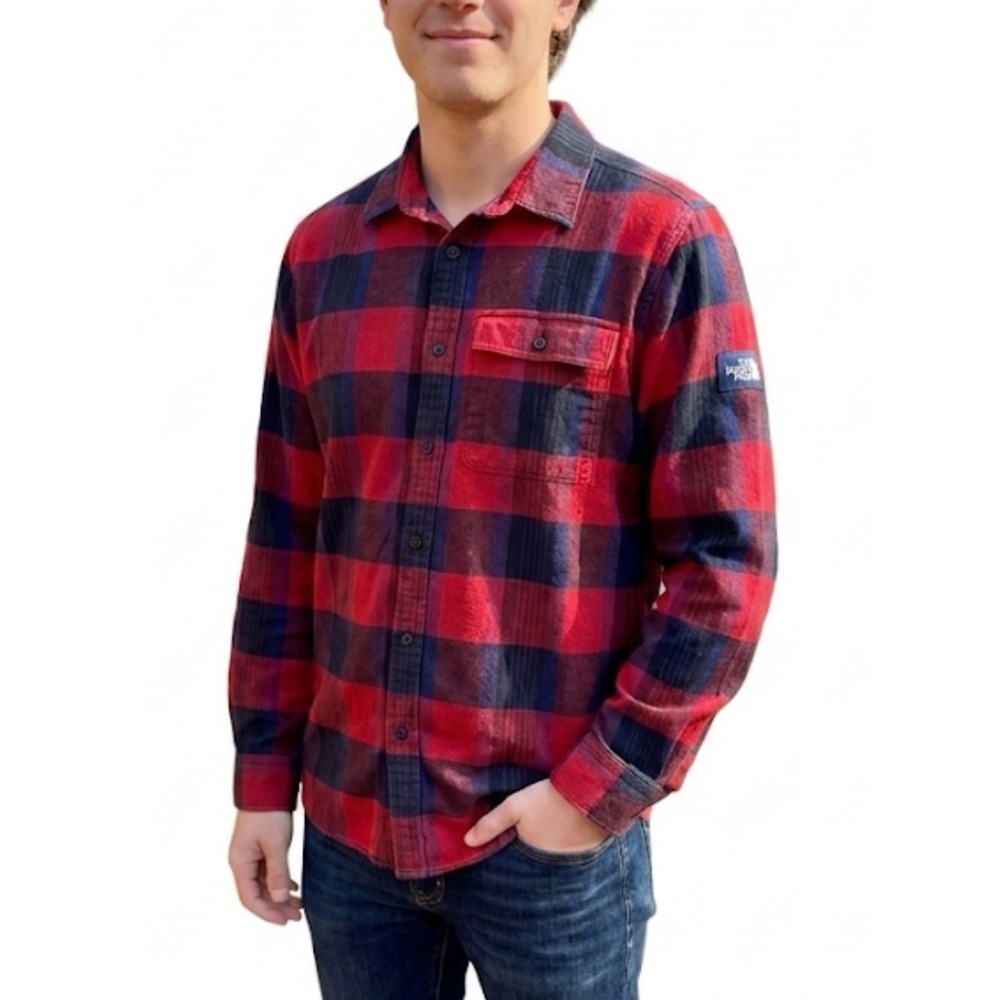 THE NORTH FACE Men Large Red Navy 100% Cotton Flannel Long Sleeve Classic Shirt